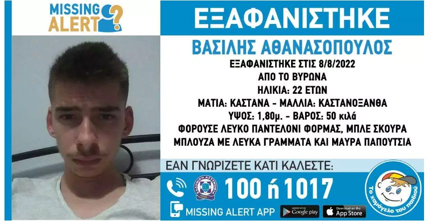 Συναγερμός στο Βύρωνα: Εξαφάνιση 22χρονου με σοβαρά προβλήματα υγείας