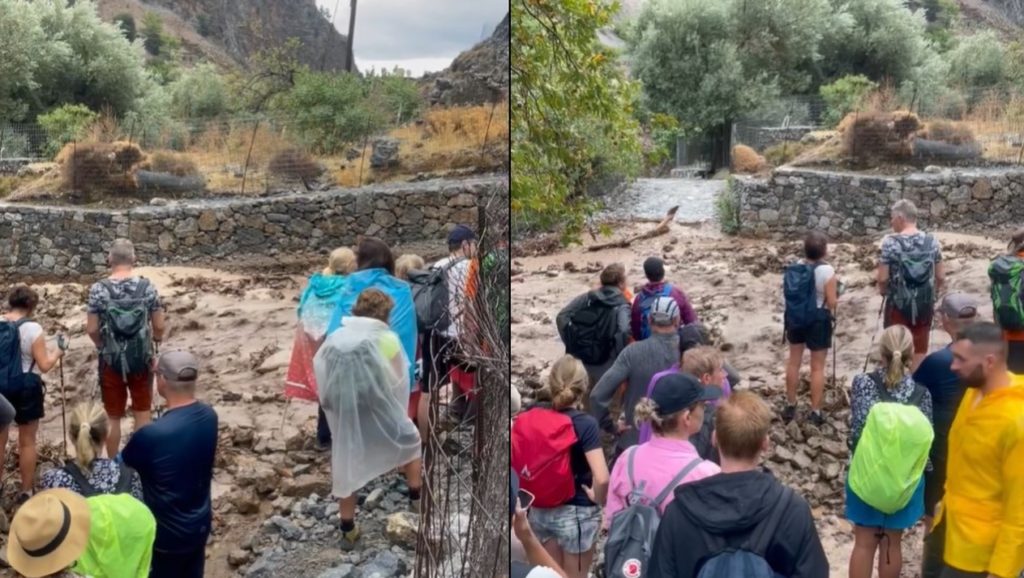 Σοκάρουν οι εικόνες από τον εγκλωβισμό τουριστών στο Φαράγγι Σαμαριάς – Χείμαρρος περνάει από μπροστά τους (Video)