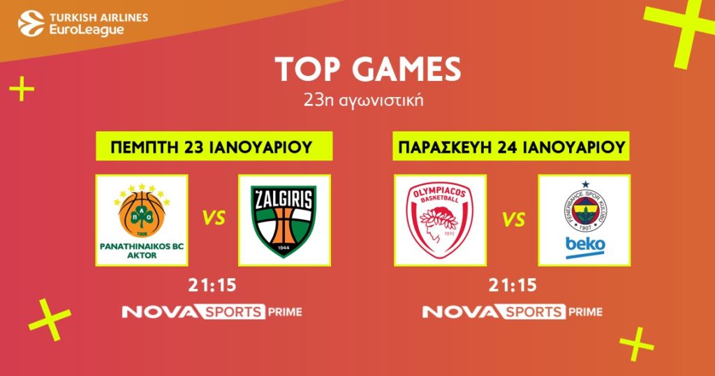 EuroLeague: Παναθηναϊκός AKTOR – Ζαλγκίρις & Ολυμπιακός – Φενέρμπαχτσε στο παρκέ του Novasports!